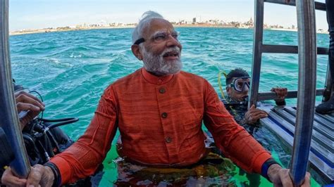 Modi In Gujarat PM Dives Into Sea To Perform Underwater Puja Off