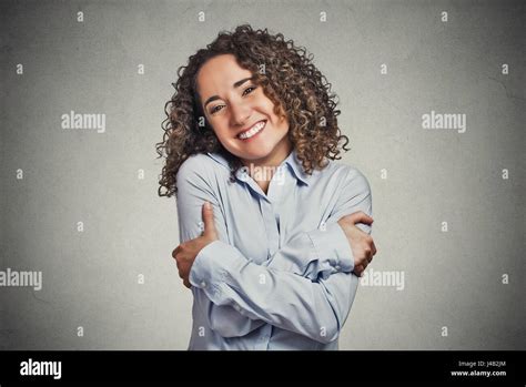 Closeup Portrait Confident Smiling Woman Holding Hugging Herself