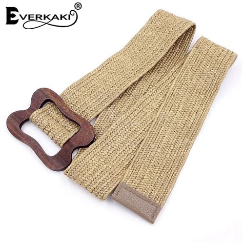 Everkaki Boho Knitted Belts Women Waist Belt Sashes Wooden Buckle Solid