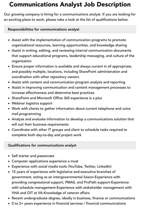 Communications Analyst Job Description Velvet Jobs