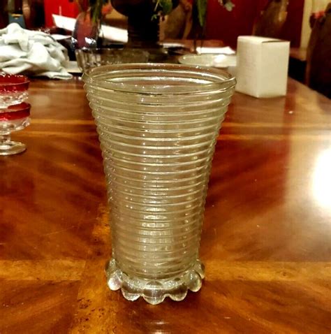 Vintage Mcm Anchor Hocking Manhattan Park Ave Ball Ribbed Pattern Glass Flower Vase Art Deco Mid