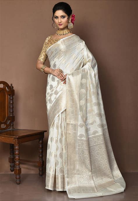 Buy Banarasi Pure Silk Saree In Off White Online Snea2630 Utsav Fashion