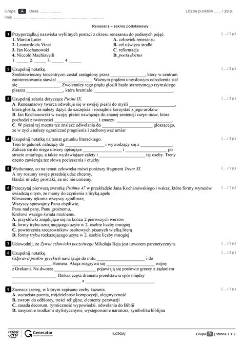 Renesans Zakres Podstawowy Test Z Widoczna Punktacja ILC9QAJ Grupa A