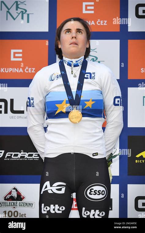 Belgian Sanne Cant Celebrates On The Podium After Winning The Women