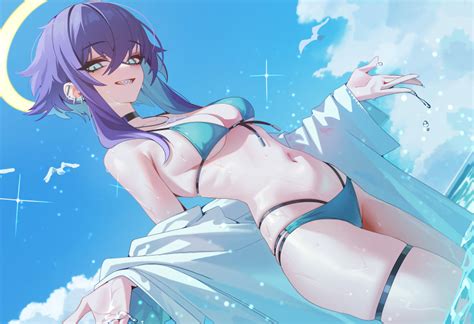 Behalter Original Absurdres Commentary Highres 1girl Barbell Piercing Bikini Bird Black