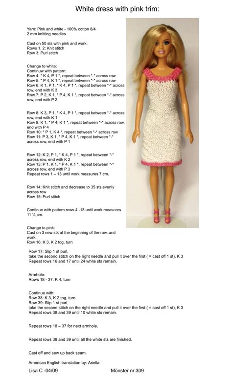 Dress Knitting Pattern For Barbie Doll Inch Doll B A