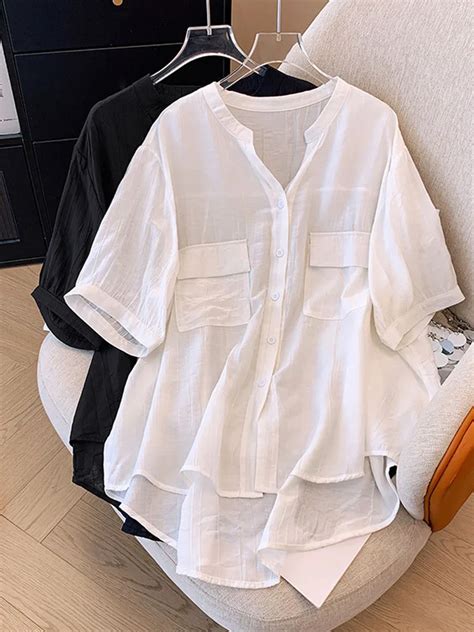 Kg Plus Size Women S Bust Summer Loose Cotton Wrinkled Shirt