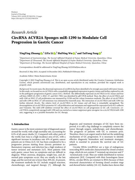 PDF CircRNA ACVR2A Sponges MiR 1290 To Modulate Cell Progression In