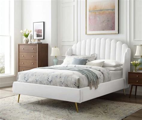 Cute White Platform Bed Frame Queen With Velvet Upholstery Scalloped Backrest Design Tapered