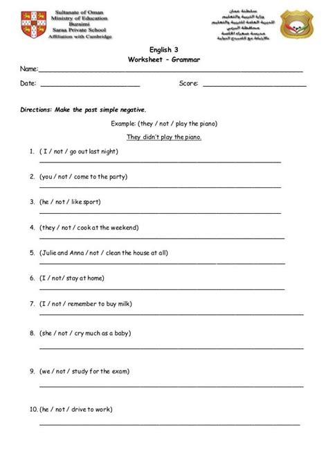 Grammar worksheet - Past simple negative