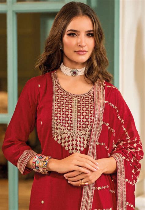 Buy Embroidered Art Silk Pakistani Suit In Red Online KCH12120