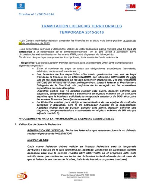 Circular nº 1 15 16 Tramitacion de licencias