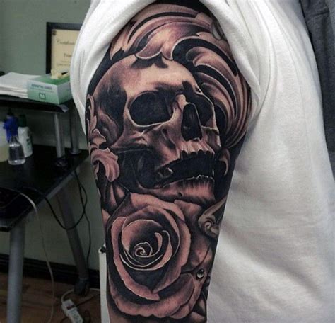 Skull With Roses Tattoo Half Sleeve