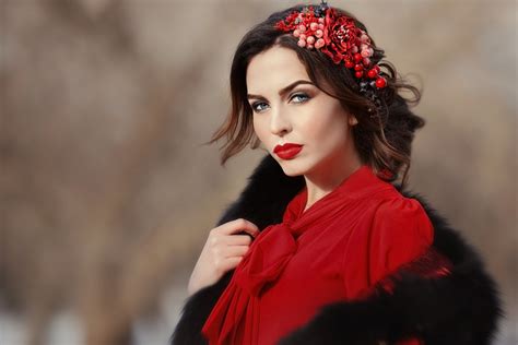 Wallpaper Anastasia Grosheva Red Lipstick Face Women Outdoors