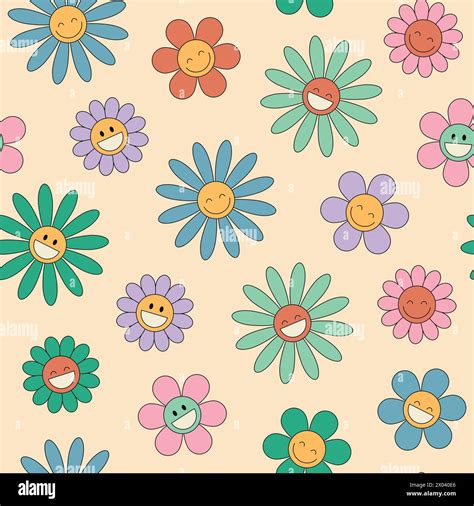 Groovy Daisy Flower Seamless Pattern Hippie Retro Style Flower Icons