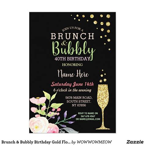 Brunch And Bubbly Birthday Gold Floral Invite Zazzle Brunch Bubbly Bridal Shower Invitations