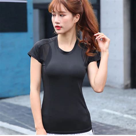 Buy Women Black Short Sleeve Elastic Yoga Mesh Sports T Shirt Fitness Womens