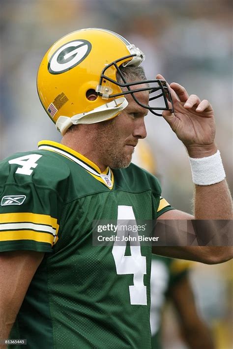 Closeup of Green Bay Packers QB Brett Favre on sidelines during game ...