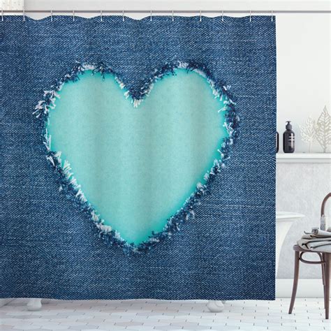 Stylish Denim Love Navy And Teal Shower Curtain For A Chic Bathroom