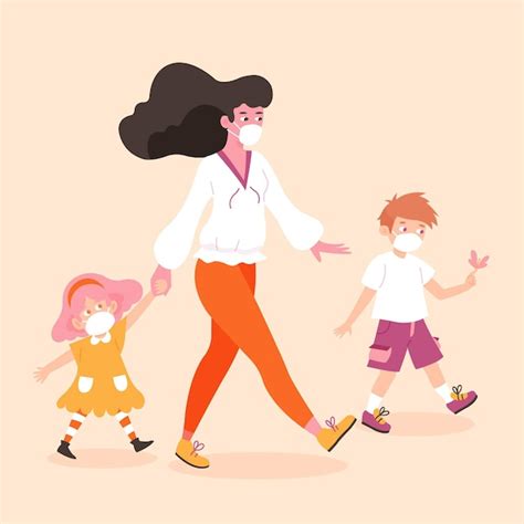 Madre Caminando Con Ni Os Con M Scaras M Dicas Vector Gratis