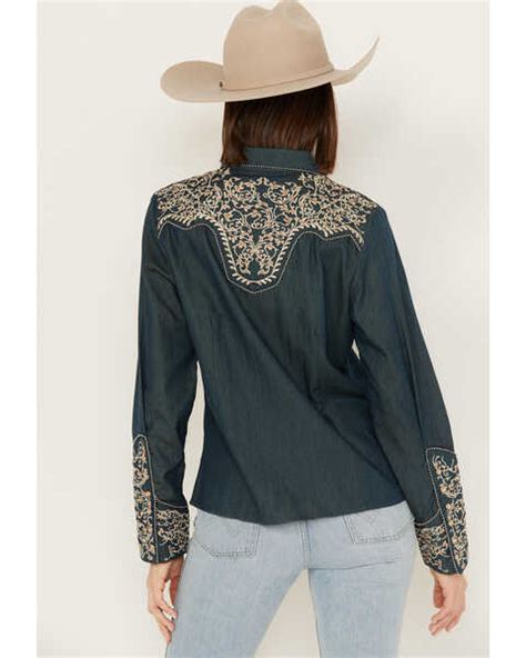 Scully Womens Vine Embroidered Long Sleeve Pearl Snap Western Shirt Blue