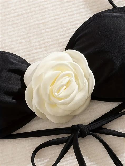 Women Fashion Two Piece Bikini Suit Solid Color Bikini With Flower