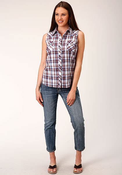 Womens Sleeveless Cowgirl Shirt WINE NAVY WHITE PLAID