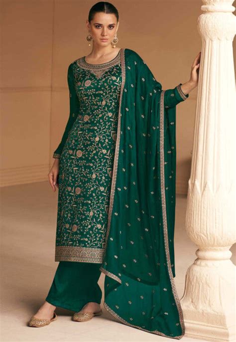 Embroidered Art Silk Pakistani Suit In Green Kch