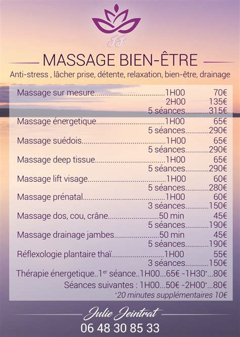 Tarifs des Soins Energétiques et Massages sur Lunel Julie Jeintrat