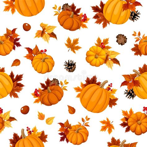 Seamless Pattern With Pumpkins And Autumn Leaves Vector Illustration