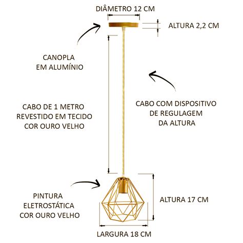 Lustre Luminária Pendente Diamante Retro Dourado FL MadeiraMadeira