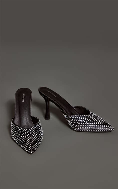 Black Diamante Point Toe Mid Heeled Court Mules Footwear