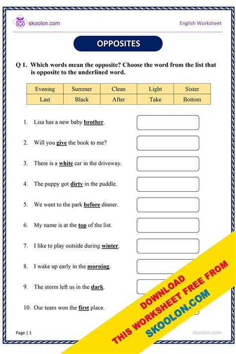 Opposites Worksheet Skoolon Worksheets Library