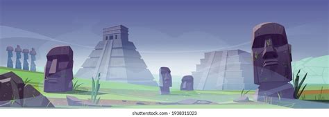 Ancient Moai Statues Mayan Pyramids Fog Stock Vector Royalty Free