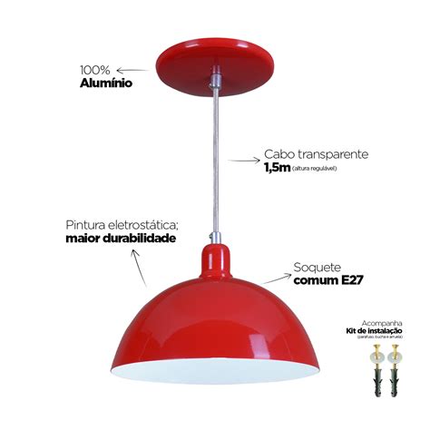 Pendente Meia Lua 24cm Luminária Lustre Alumínio Vermelho Rei Da