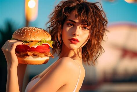 Una Hermosa Mujer Comiendo Hamburguesa Foto Premium