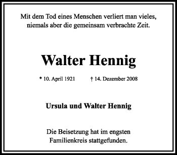 Traueranzeigen Von Walter Hennig Trauer In Nrw De