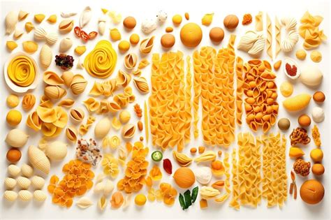 Set of different types of italian pasta and spaghetti on white ...