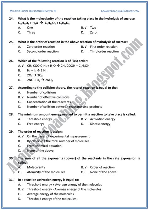 Adamjee Coaching XI Chemistry MCQs Introduction To Chemical Kinetics