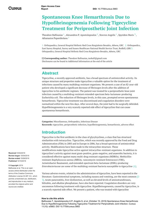 PDF Spontaneous Knee Hemarthrosis Due To Hypofibrinogenemia Following