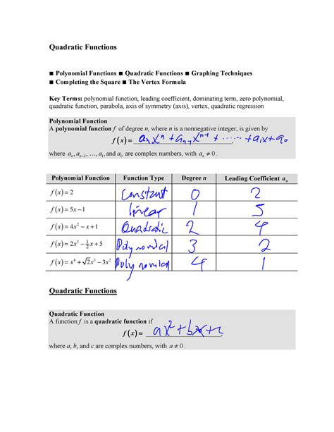 4.1 Quadratic Function (Examples) - A - Polynomial Functions Quadratic ...