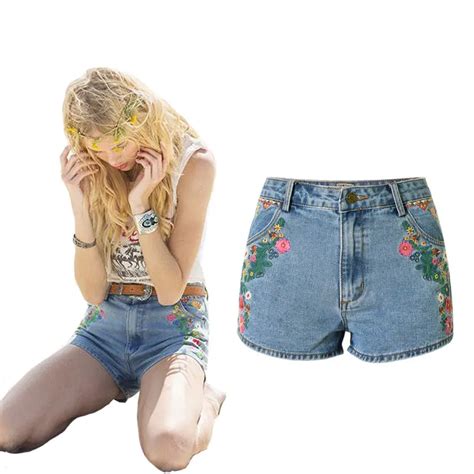 New Boho Jean Shorts Women Casual Denim Embroidery Floral High Waist