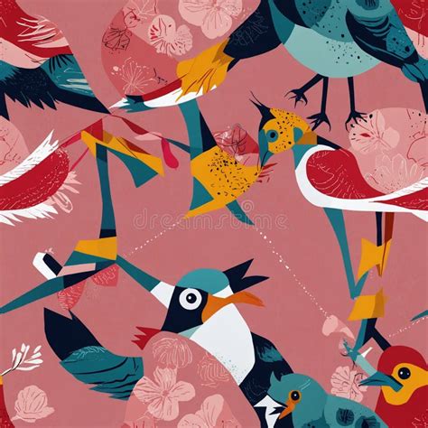 Abstract Seamless Pattern With Different Types Of Birds On Pink