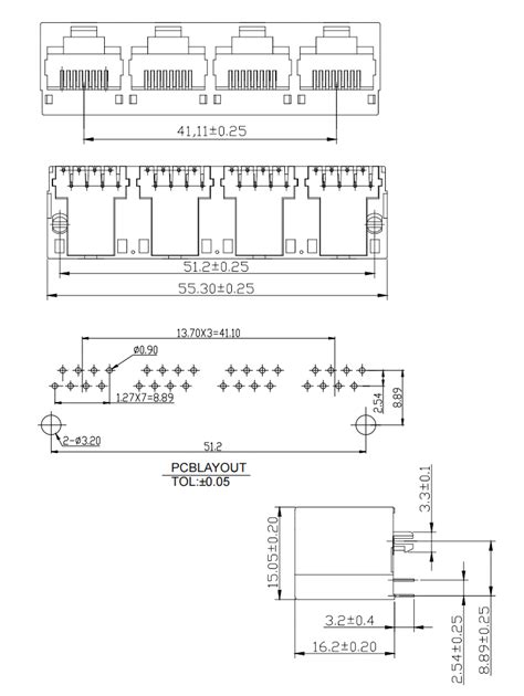 Rj45 Female Connector Vertical Dip Type 1x4 Port Rj45 P8c Female Connector