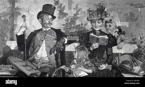 Posh, noble, people in the city park, mother is reading her daughters ...