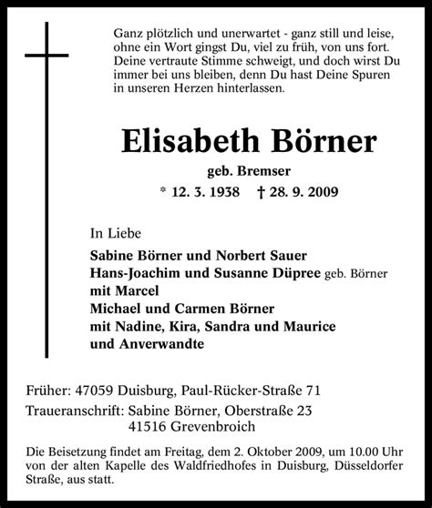 Traueranzeigen von Elisabeth Börner Trauer in NRW de