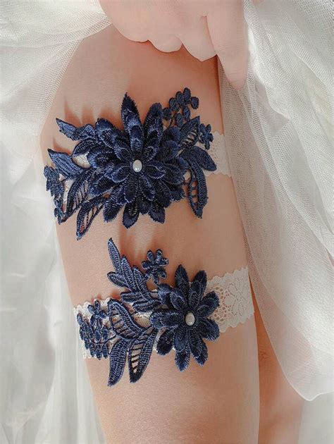 Pair Of Bridal Garters Sky Blue Faux Pearl Lace Embroidery Flower