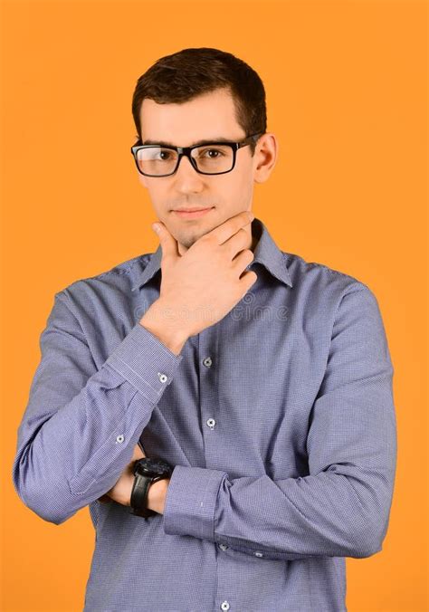 Handsome Man Wearing Glasses Touch Chin Friendly Face Portrait Of An Unshaven Man With Glasses