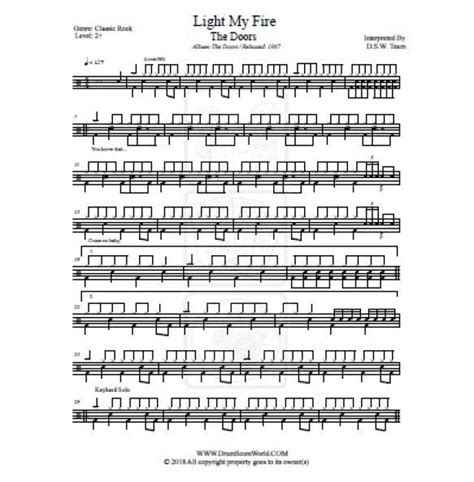 Drum Score The Doors Light My Fire Light My Fire Drum Sheet Music Drums Sheet