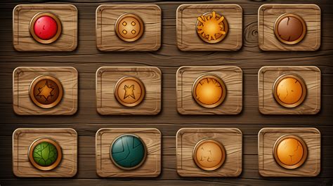 Whimsical Wooden Game Buttons Charming Menu Interface Crafted From